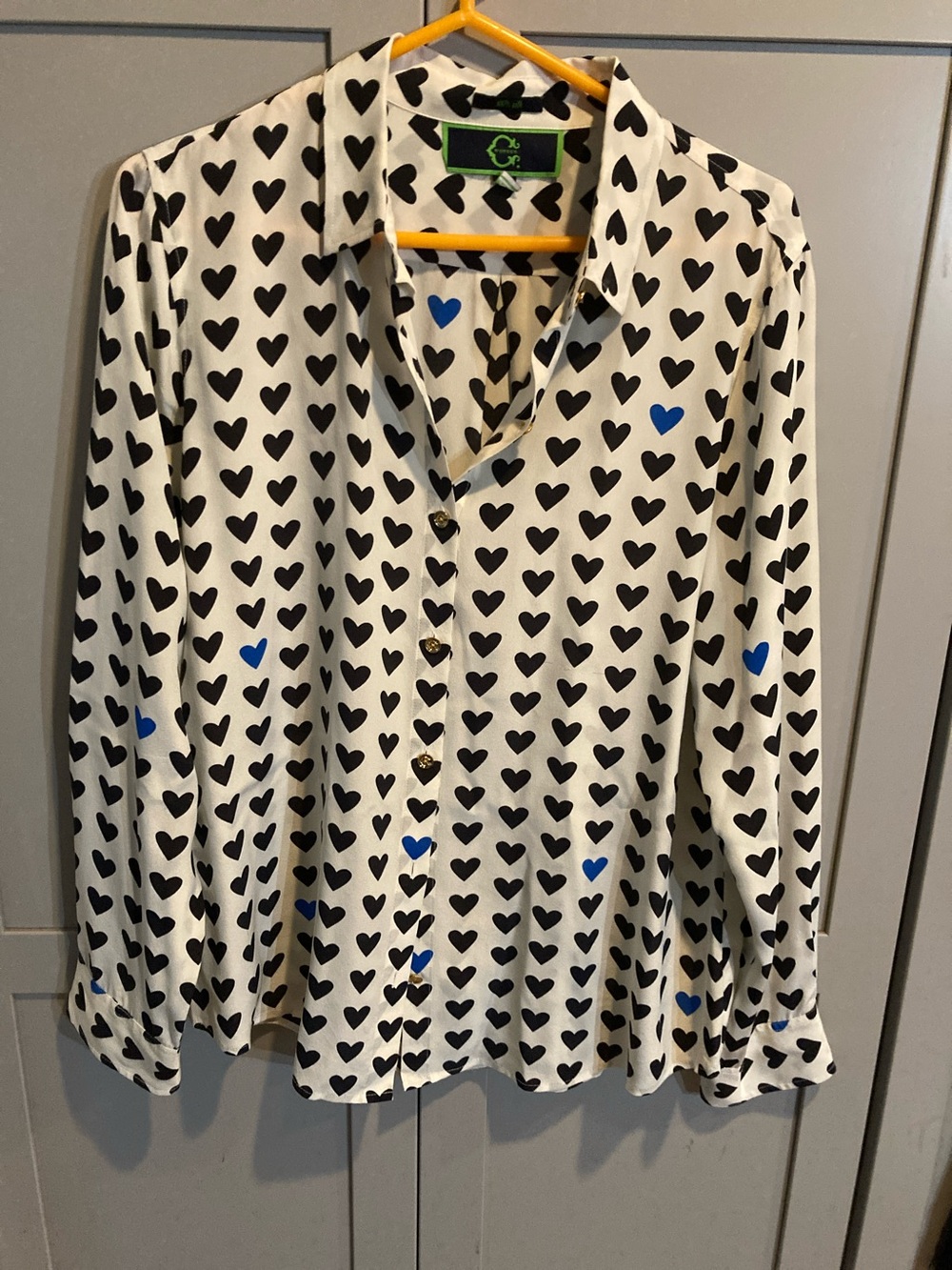 Silk C. Wonder Cream Button-Down Shirt with Black & Blue Hearts